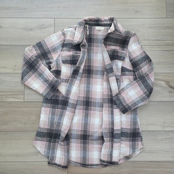 Melloday Long Flannel Open Cardigan Cream/Pink Plaid Jacket Women Plus Sz 1X - Picture 2 of 12
